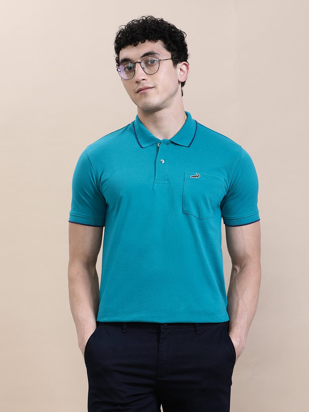 CROCODILE Jade Green Solid Polo T-Shirt with Pocket
