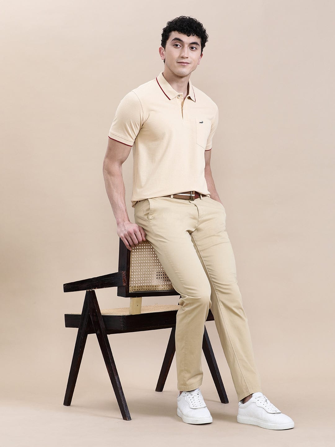 crocodile Oat Milk Beige Solid Polo T-Shirt with Pocket