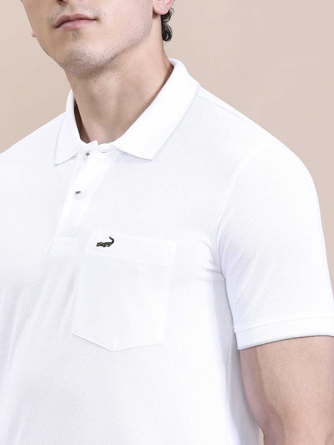 crocodile White Solid Casual Polo T-Shirt with Pocket