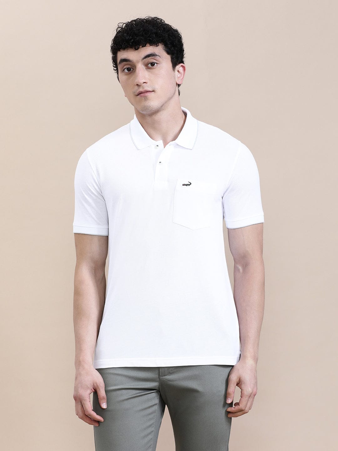 crocodile White Solid Casual Polo T-Shirt with Pocket