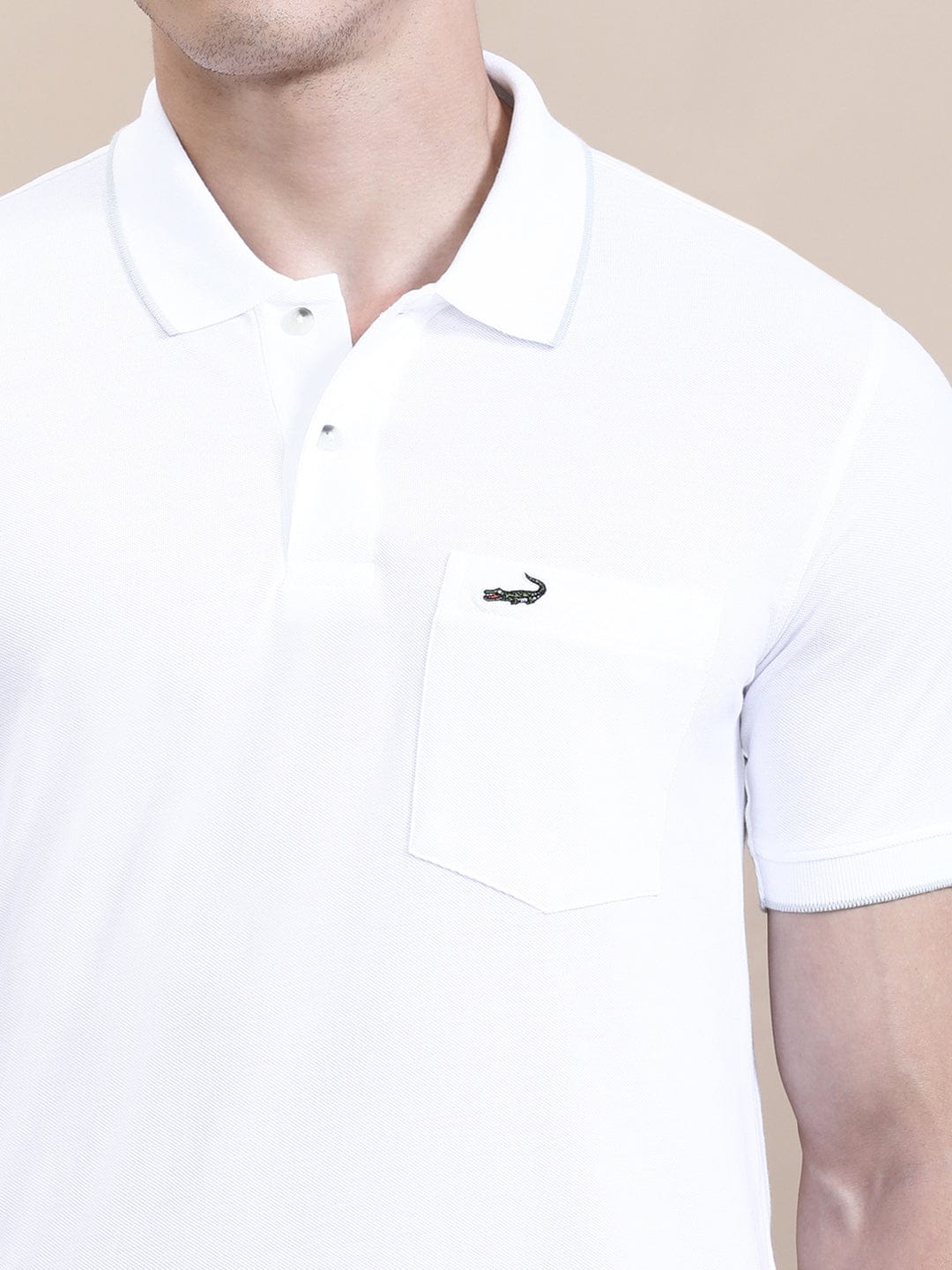 crocodile White Solid Casual Polo T-Shirt with Pocket