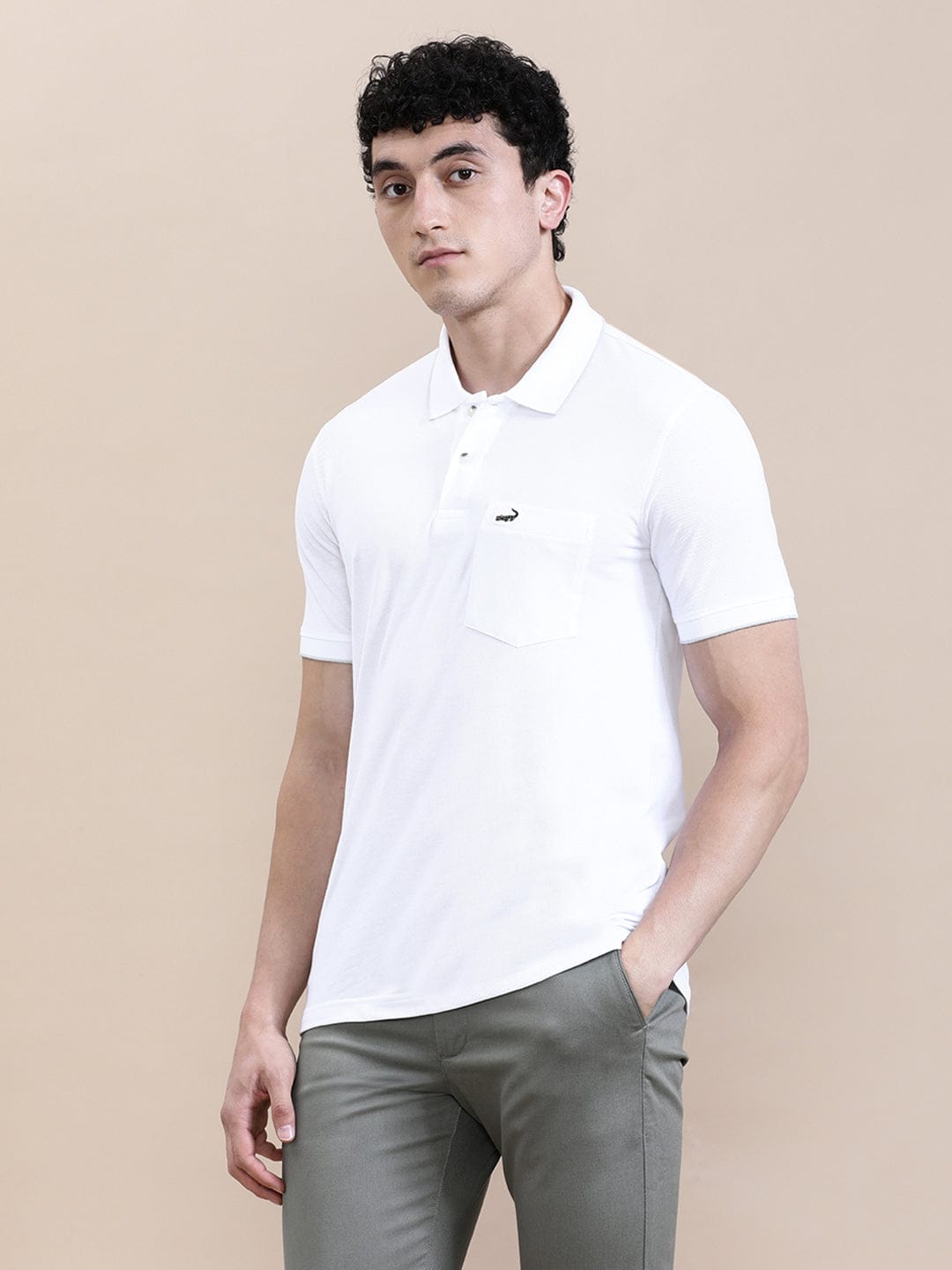 crocodile White Solid Casual Polo T-Shirt with Pocket