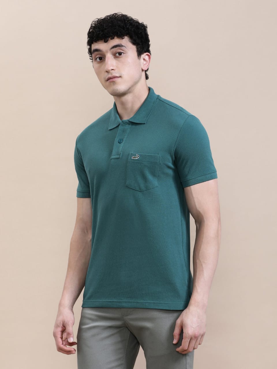 CROCODILE Casual Solid Green Polo T-Shirt with Pocket