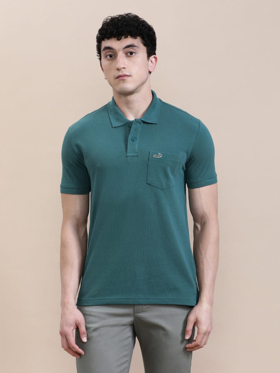 CROCODILE Casual Solid Green Polo T-Shirt with Pocket