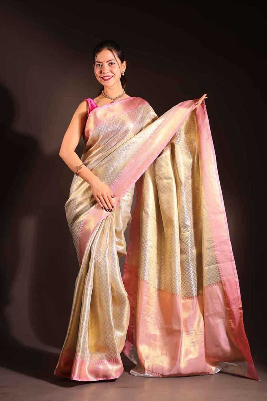 Deepika Padukone inspired Gold Banarasi Tissue Silk Saree