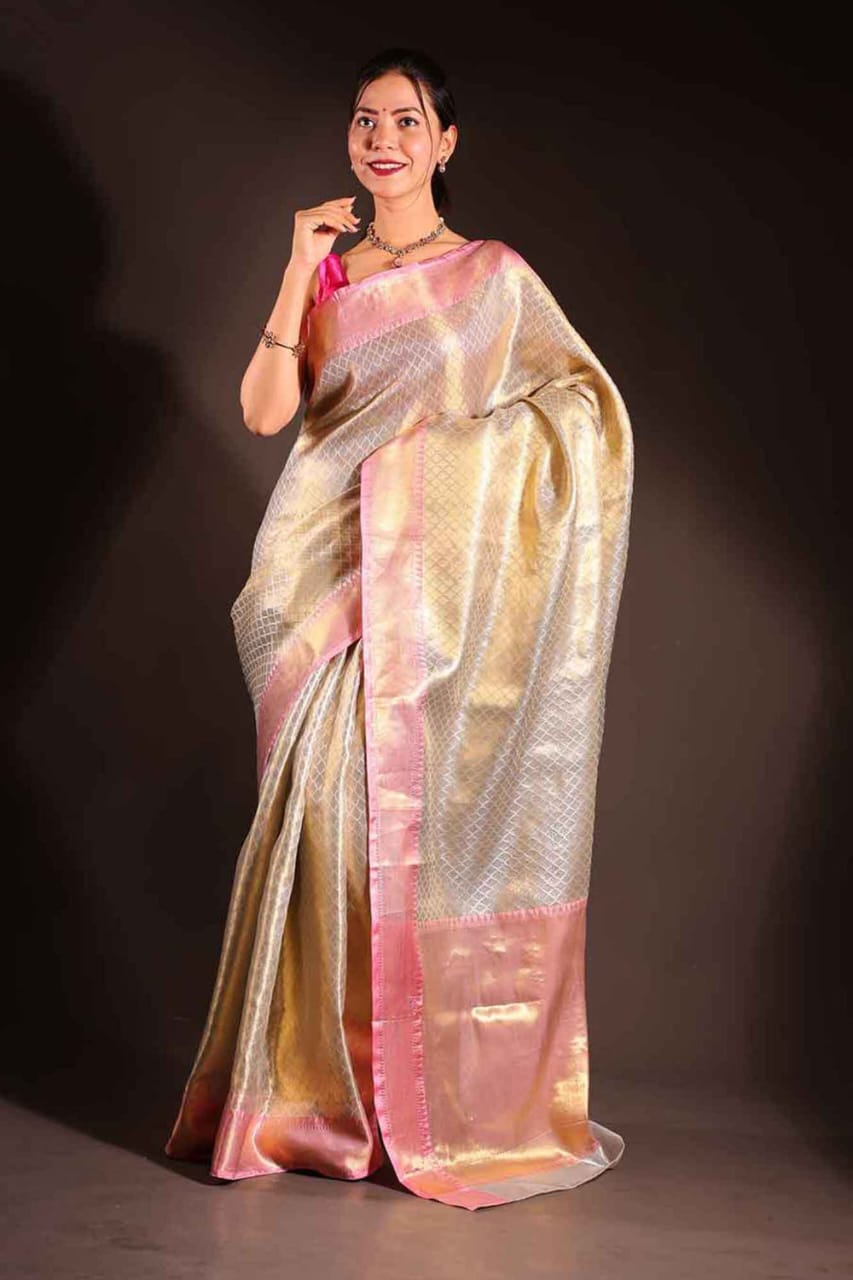 Deepika Padukone inspired Gold Banarasi Tissue Silk Saree