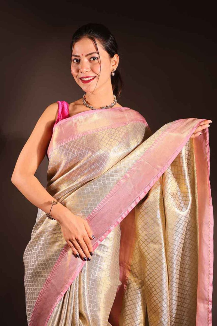Deepika Padukone inspired Gold Banarasi Tissue Silk Saree
