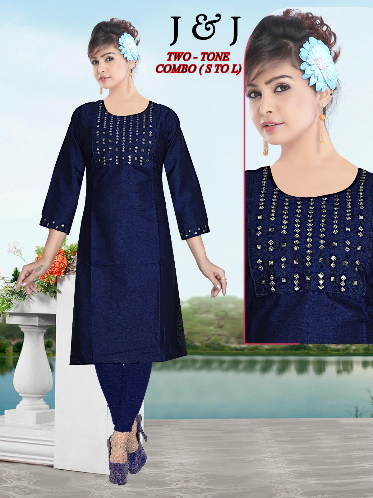 Elegant navy blue kurti with gold accents