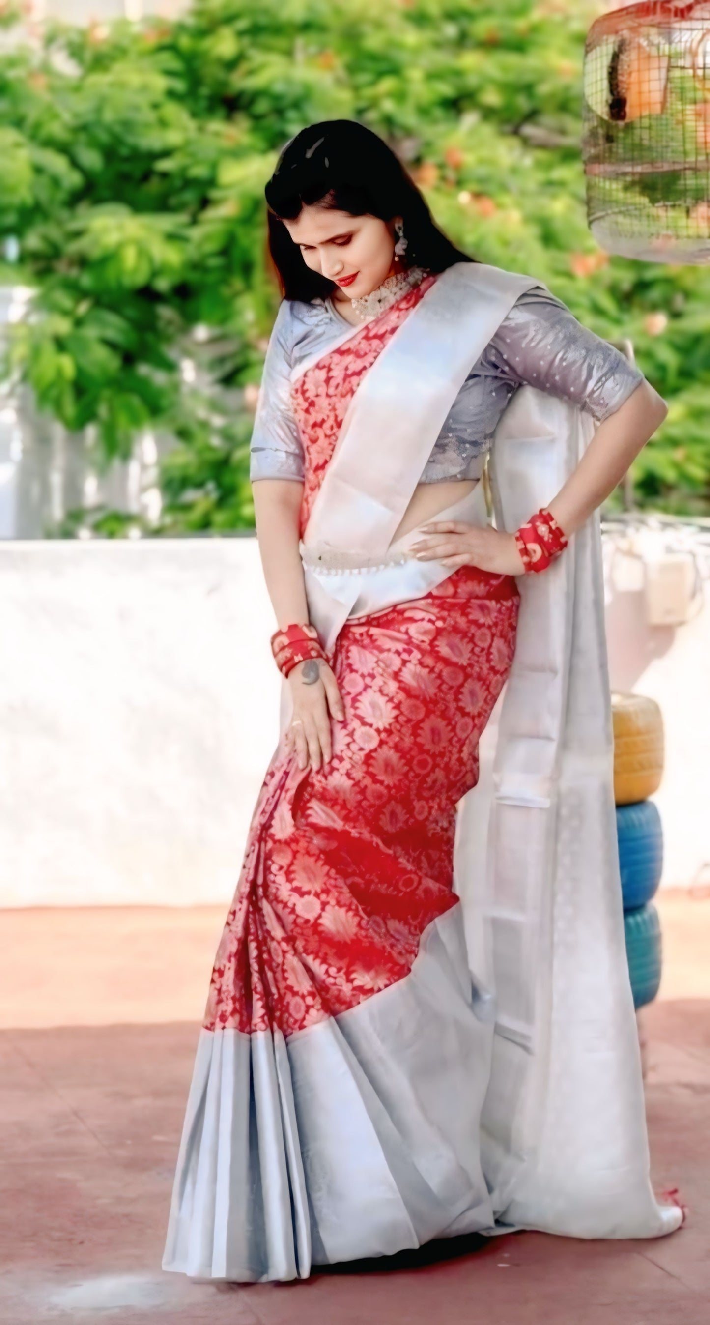 Silver and Red Saree - A Classic Choice for Women