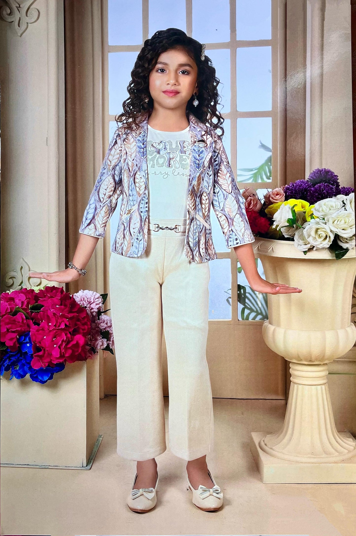 Leaf-Print Blazer & Trousers Set for Girls