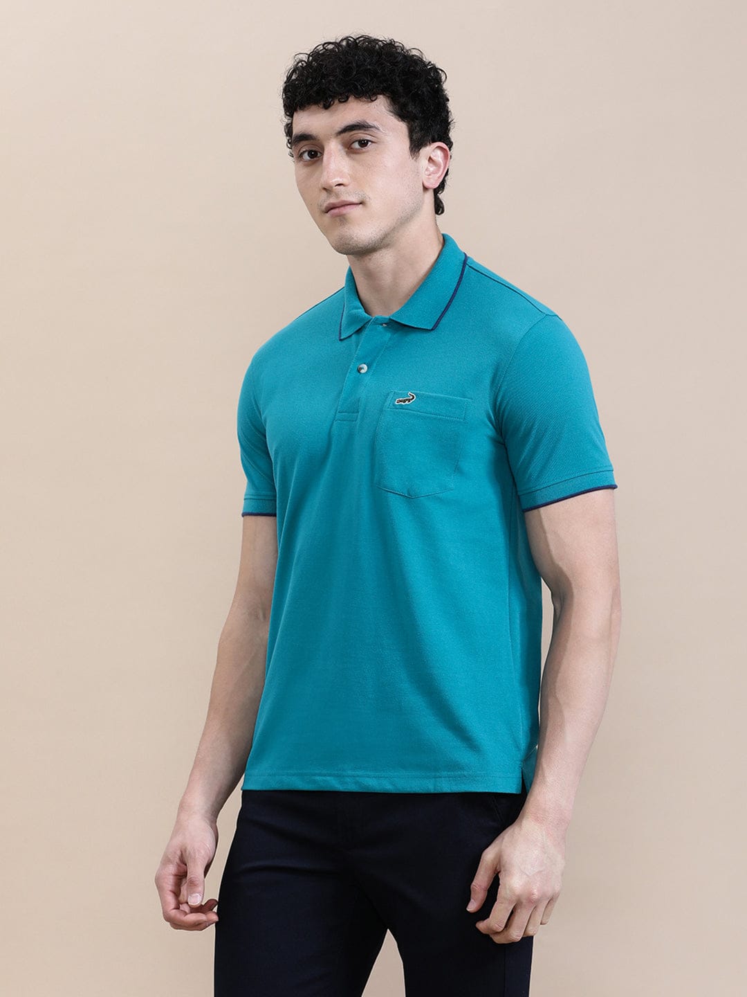 CROCODILE Jade Green Solid Polo T-Shirt with Pocket