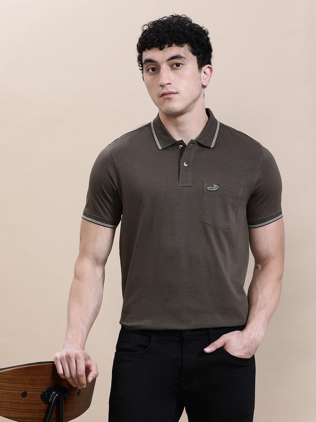 CROCODILE Dark Olive Green Solid Polo T-Shirt with Pocket