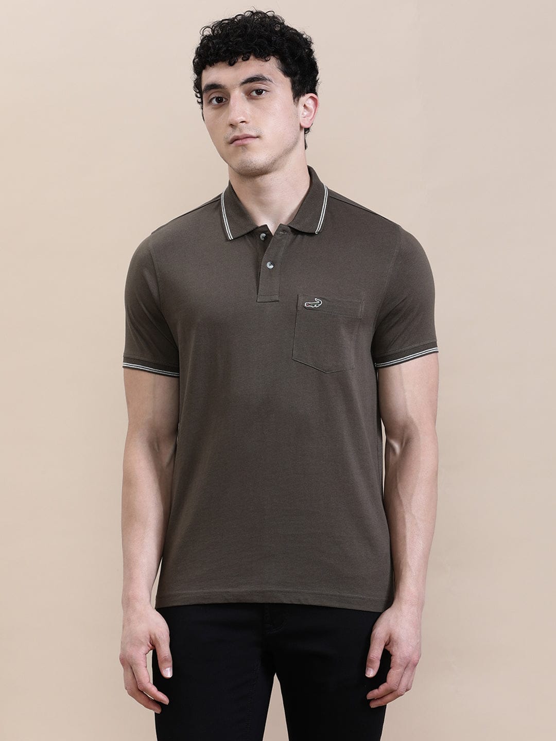 CROCODILE Dark Olive Green Solid Polo T-Shirt with Pocket