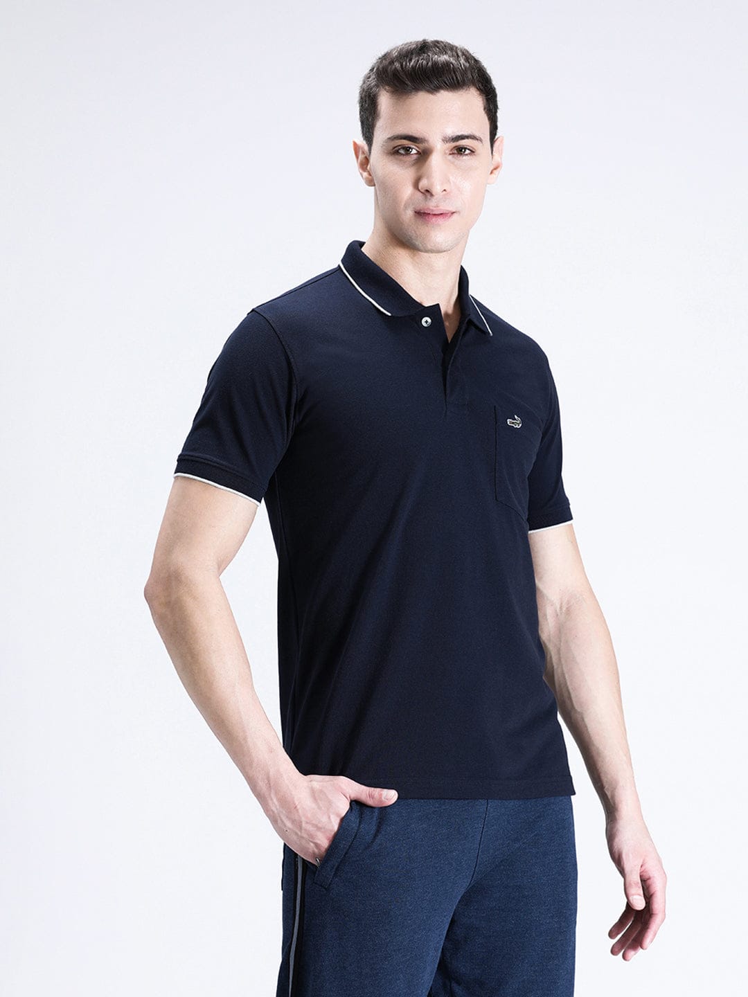 CROCODILE Casual Navy Solid Polo T-Shirt with Pocket