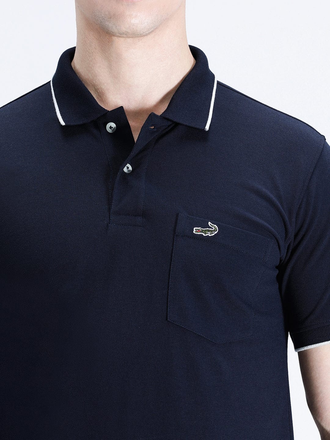 CROCODILE Casual Navy Solid Polo T-Shirt with Pocket