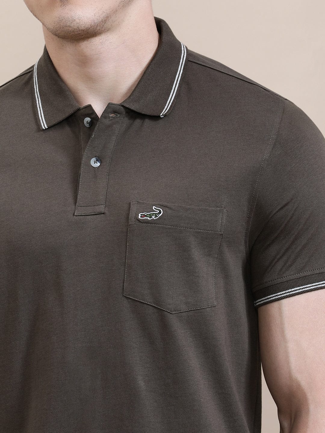 CROCODILE Dark Olive Green Solid Polo T-Shirt with Pocket
