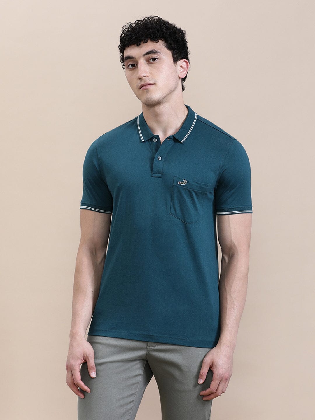 CROCODILE Teal Blue Solid Polo T-Shirt with Pocket