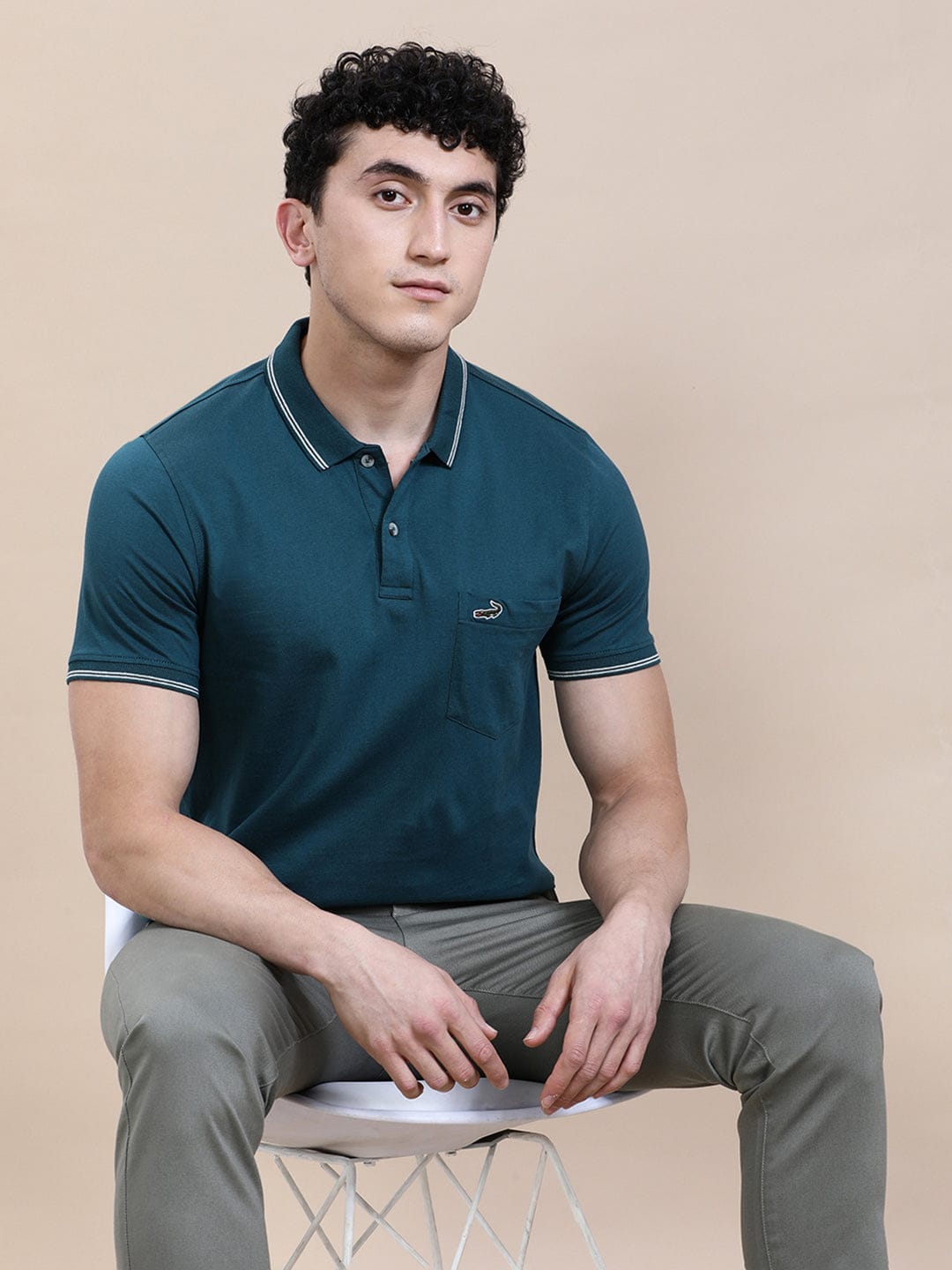 CROCODILE Teal Blue Solid Polo T-Shirt with Pocket