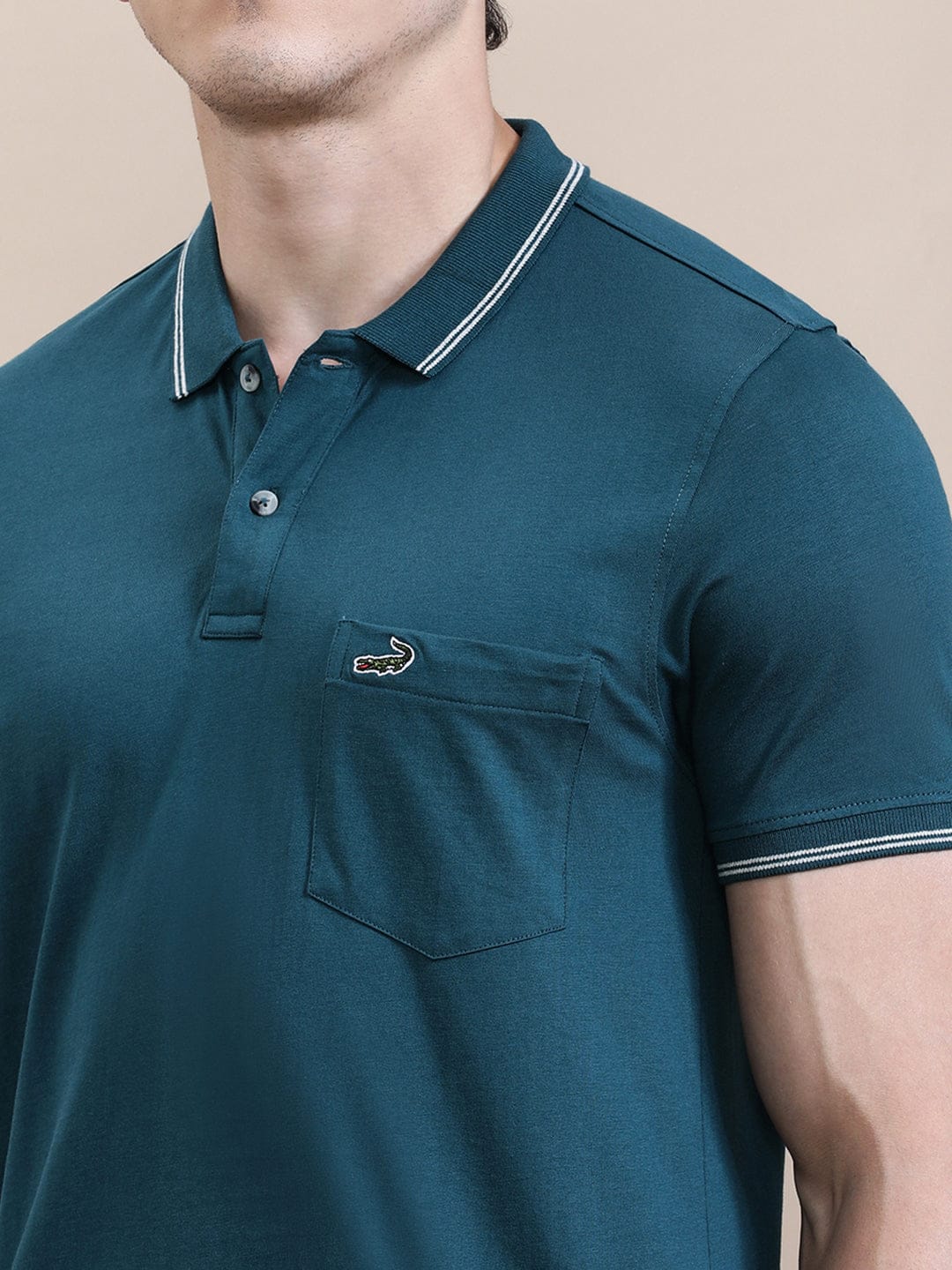 CROCODILE Teal Blue Solid Polo T-Shirt with Pocket