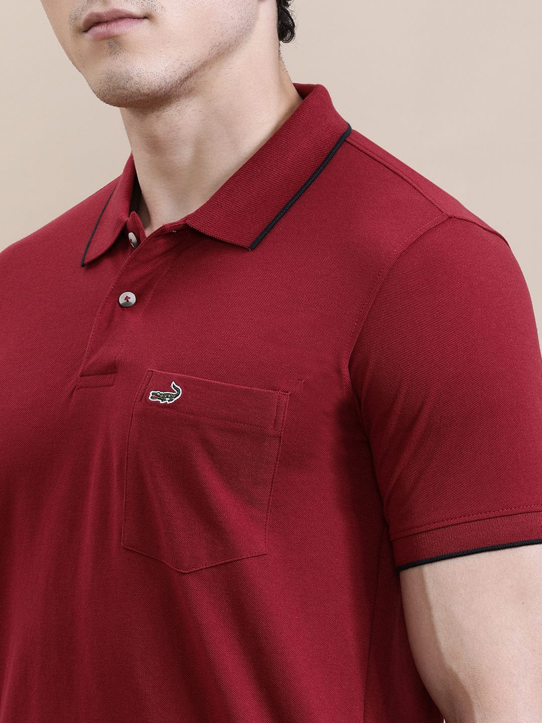 crocodile Solid Blood Stone Red Polo T-Shirt with Pocket
