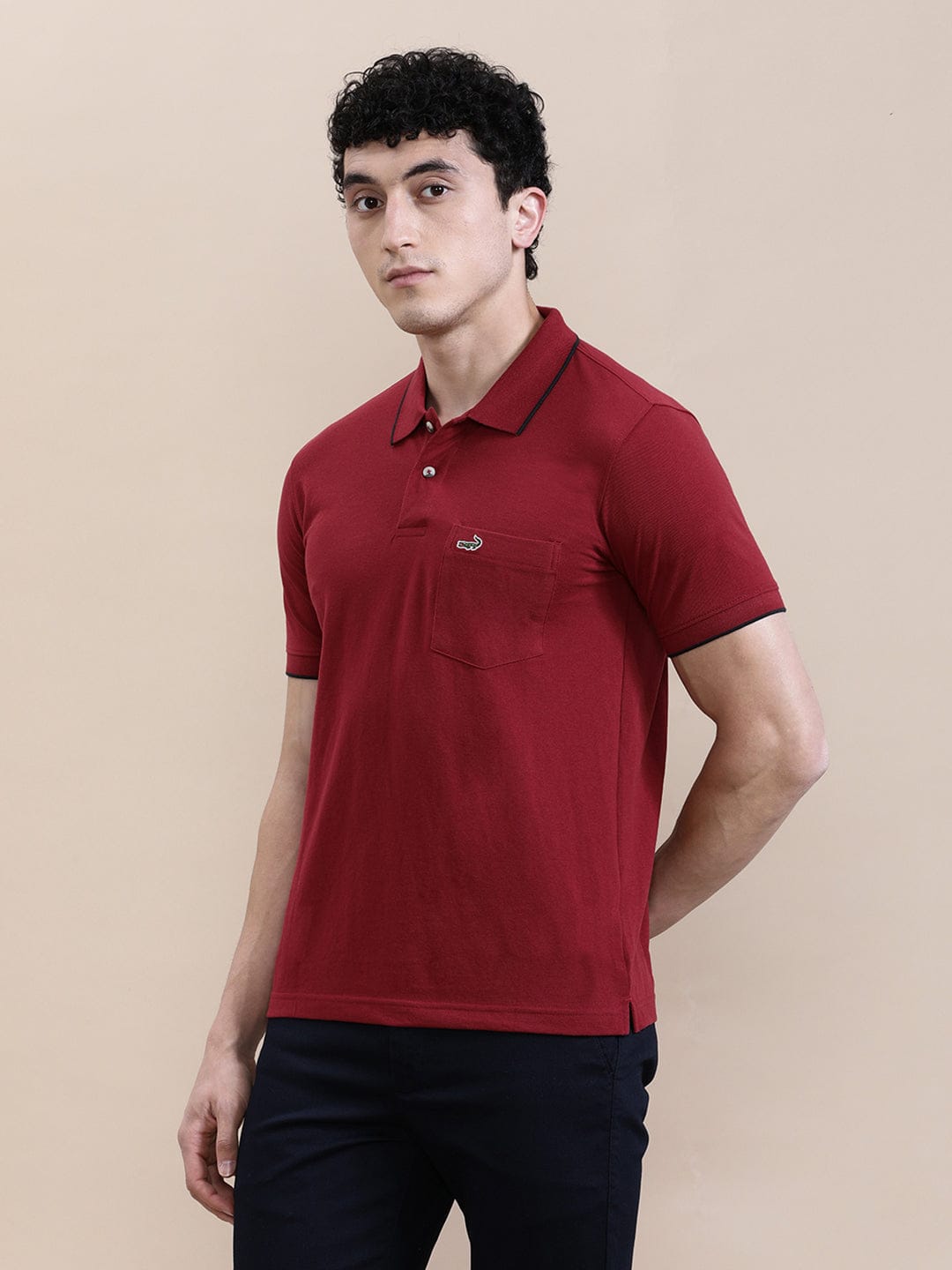 crocodile Solid Blood Stone Red Polo T-Shirt with Pocket