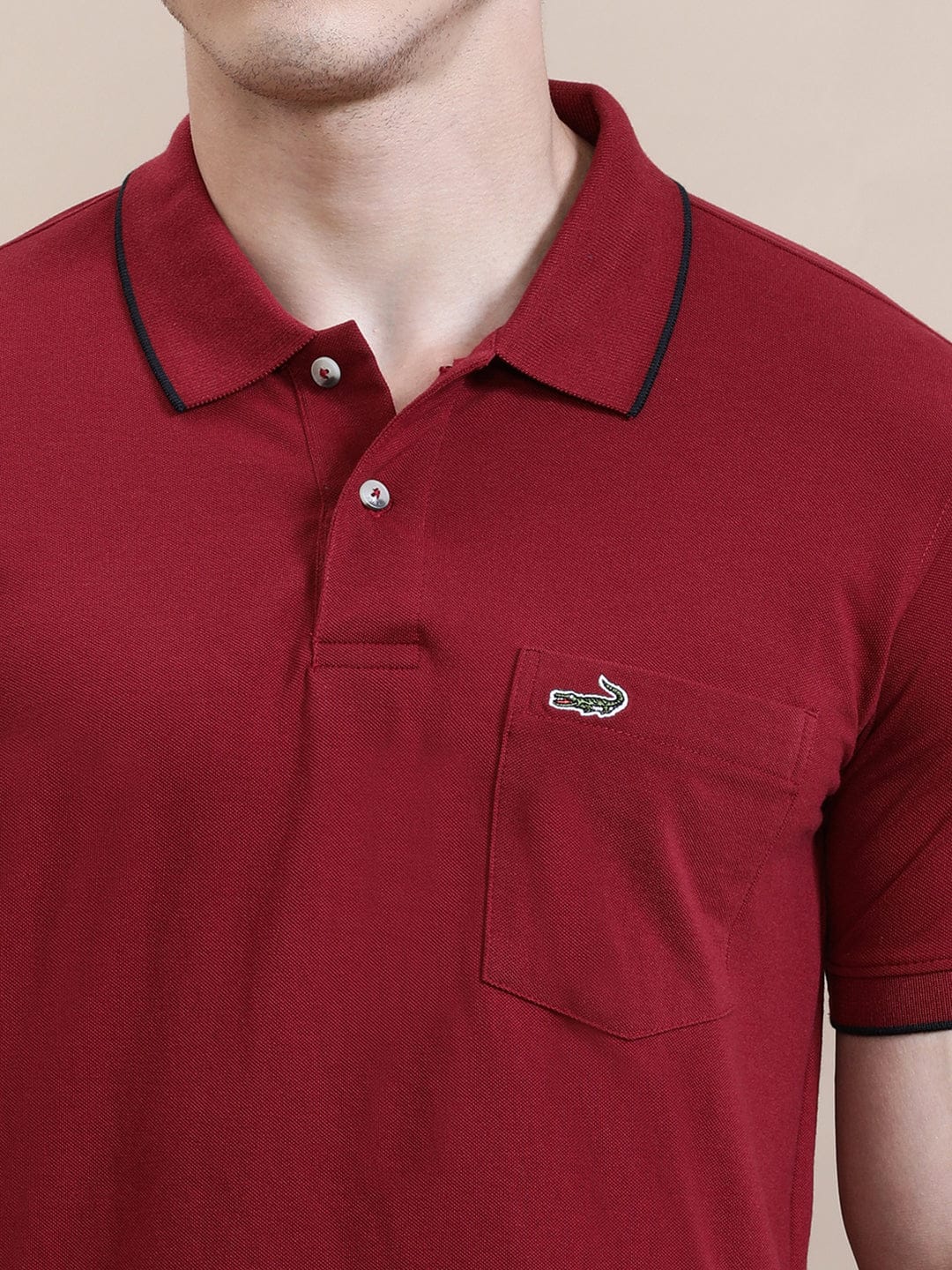 crocodile Solid Blood Stone Red Polo T-Shirt with Pocket