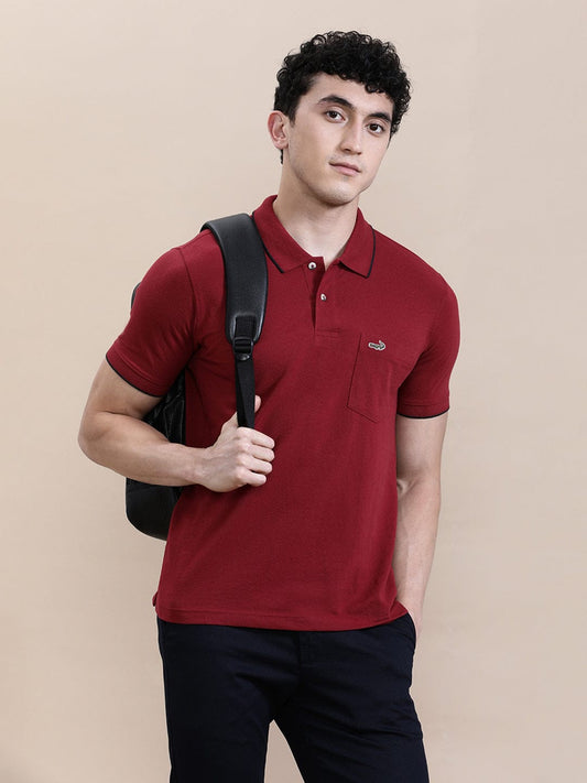 crocodile Solid Blood Stone Red Polo T-Shirt with Pocket