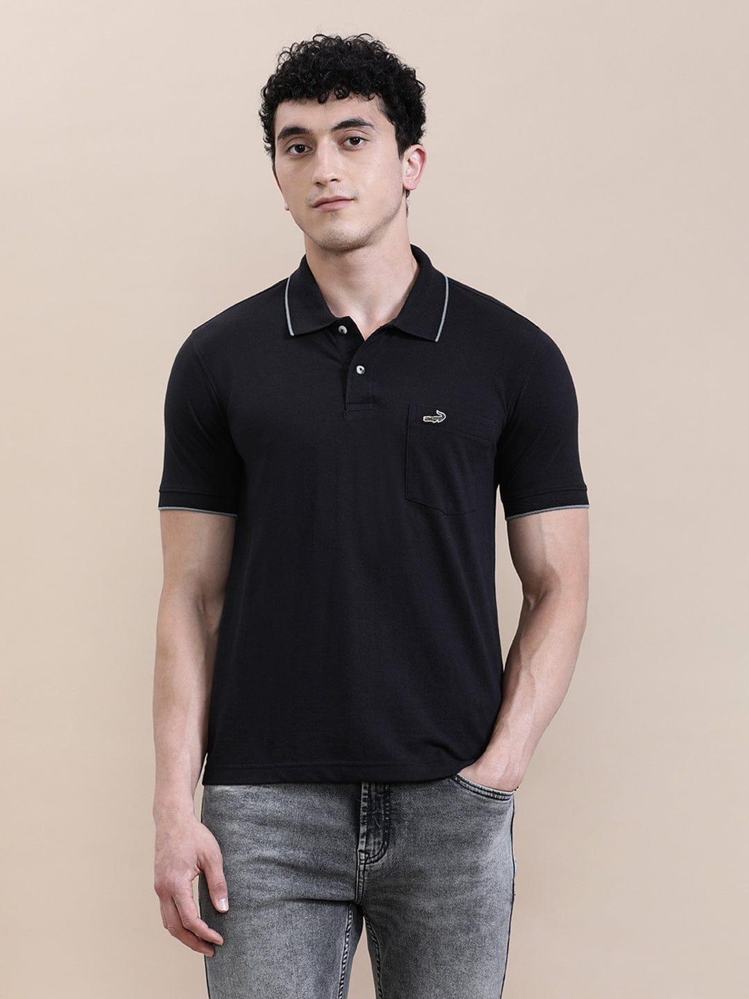 crocodile Solid Black Polo T-Shirt with Pocket
