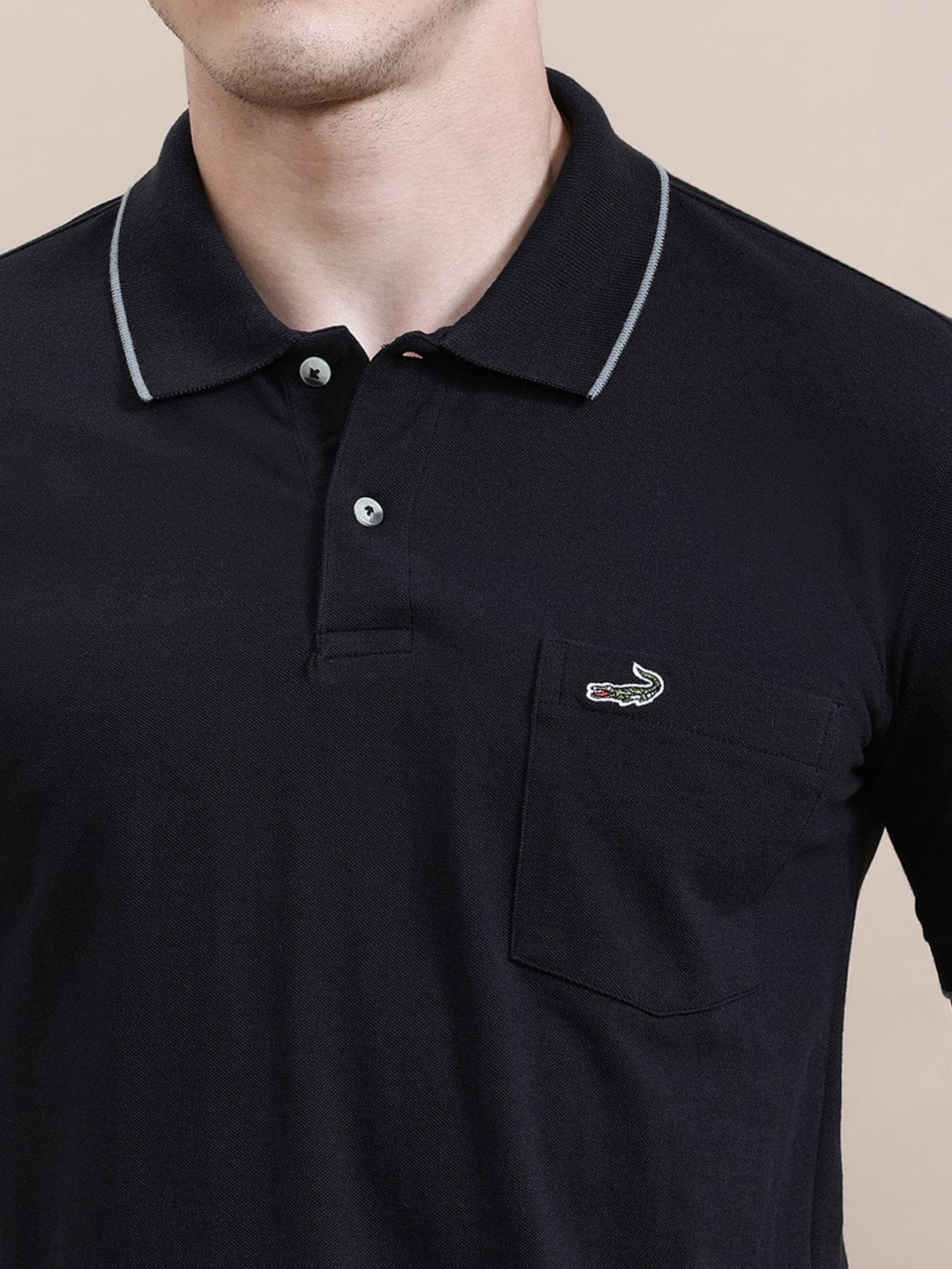 crocodile Solid Black Polo T-Shirt with Pocket