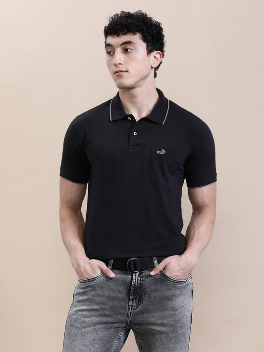 crocodile Solid Black Polo T-Shirt with Pocket