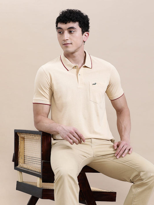 crocodile Oat Milk Beige Solid Polo T-Shirt with Pocket