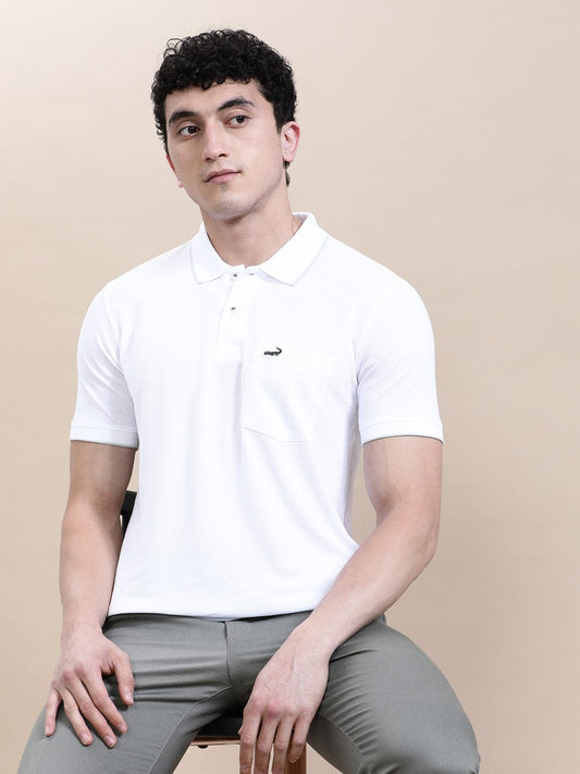 crocodile White Solid Casual Polo T-Shirt with Pocket