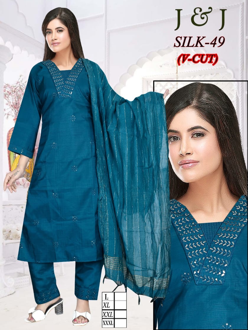 "J & J SILK-49 - Teal Blue Salwar Kameez with Embroidery and Dupatta"