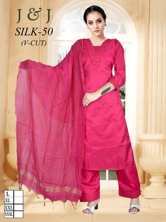 "Elegant Pink Silk Salwar Kameez with Intricate Embroidery - SILK-50 (V-CUT)"