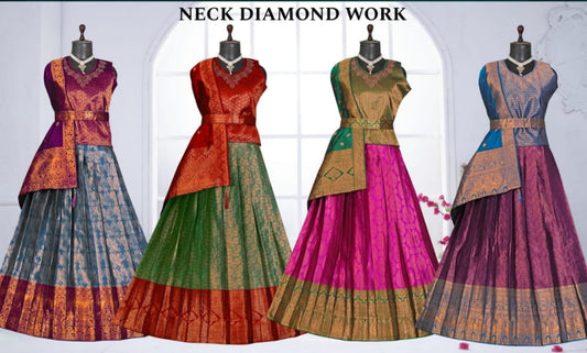 Vibrant Half Sarees with Intricate Neck Diamond Work