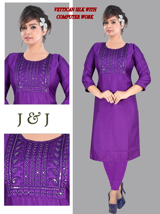Royal Plum Vettican Silk Kurti - Computer Embroidery Masterpiece