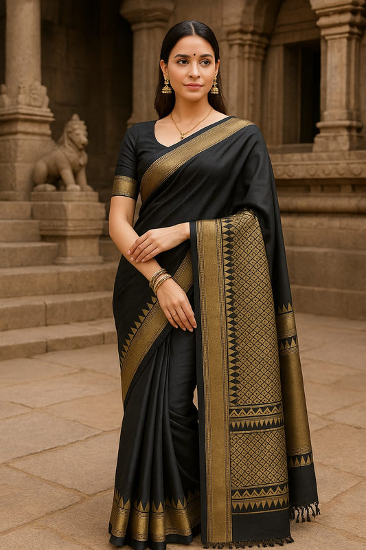 Majestic Black & Gold Temple Border Saree