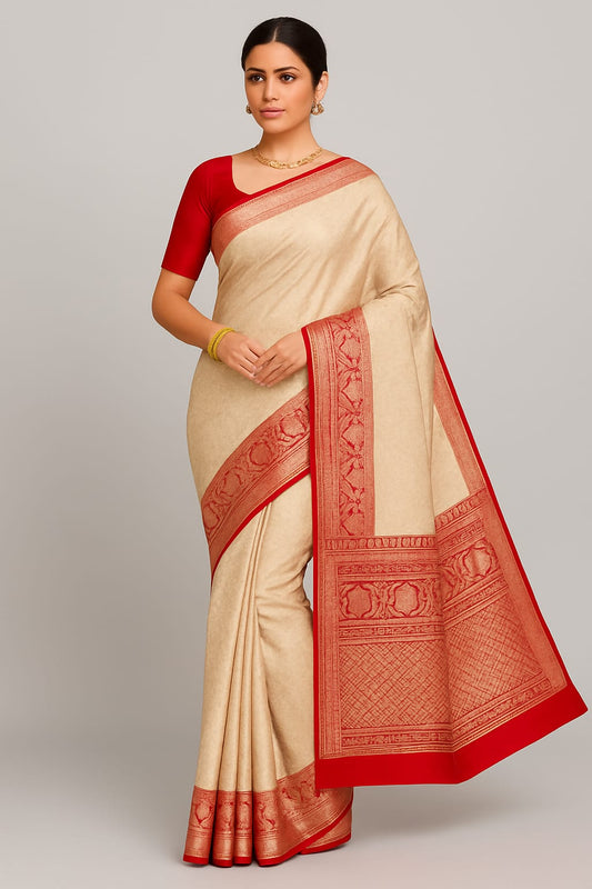 Cream & Red Banarasi Silk Saree with Rich Zari Work