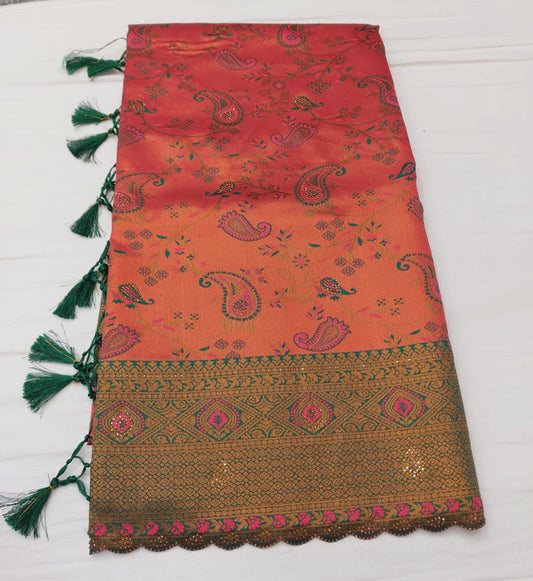 "Stunning Orange Saree with Golden Border and Tassels"