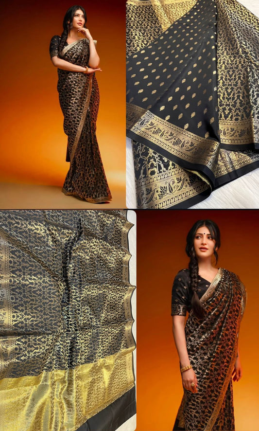 Elegant Black & Gold Banarasi Silk Saree