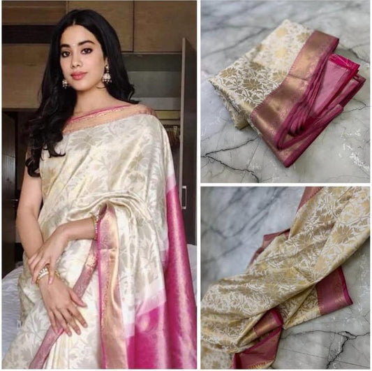 Ivory and Pink Banarasi Silk Saree with Golden Floral Zari Weaving