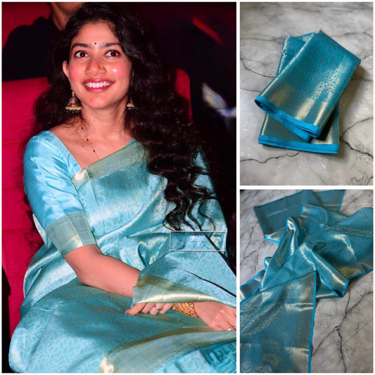 Sky Blue Kanchipuram Silk Saree with Golden Zari Work