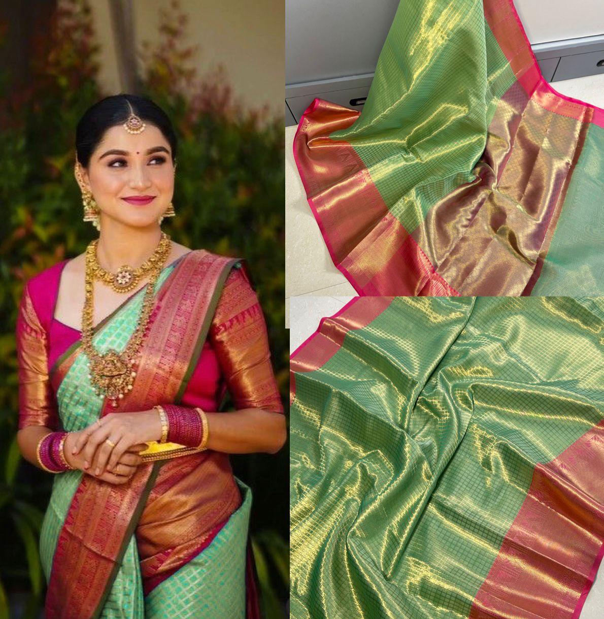 Traditional Mint Green Kanchipuram Silk Saree with Rich Maroon Zari Border