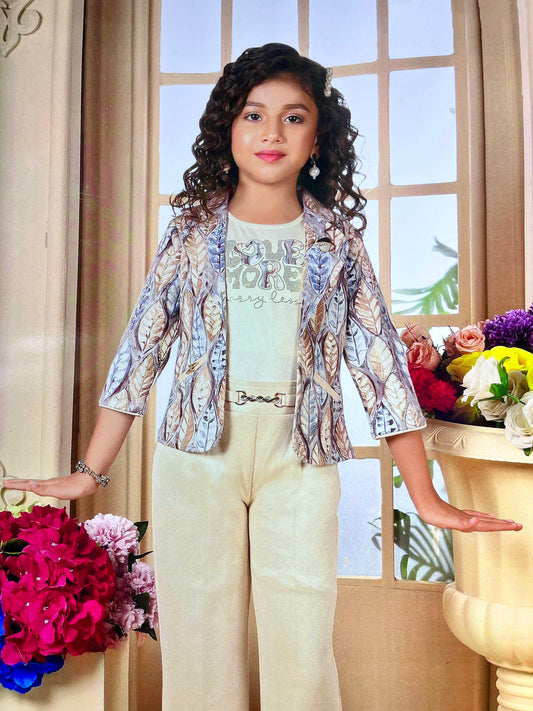Leaf-Print Blazer & Trousers Set for Girls