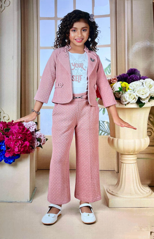 Elegant Blush Pink Girls' Textured Blazer Set