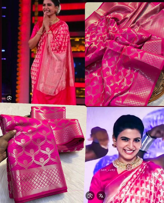 Hot Pink Kanjivaram Silk Saree with Gold Zari Weaving