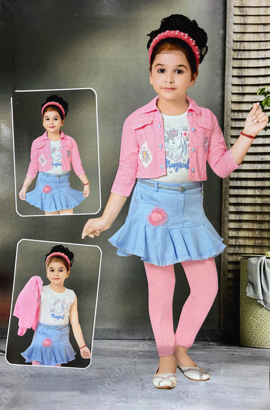 Unicorn Dreams Denim Skirt Set – Girls' 3-Piece Magical Outfit