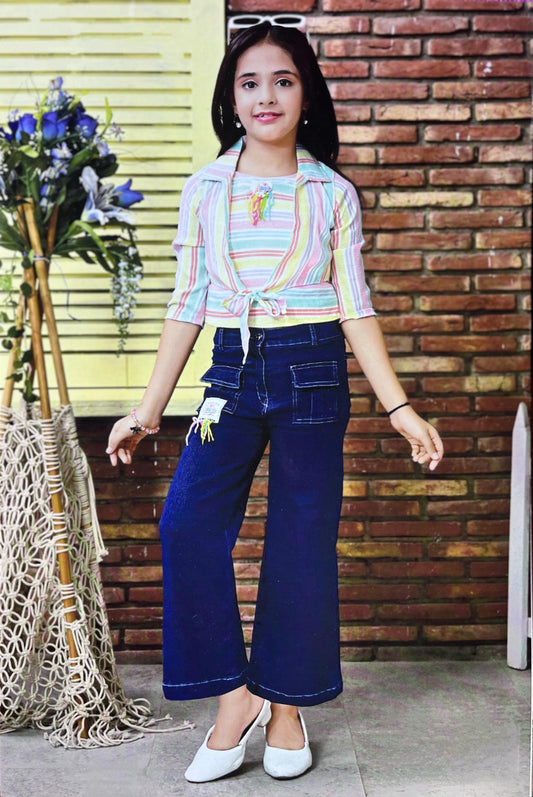 Chic Rainbow Striped Top with Denim Flared Pants – Girls' Casual Style Set