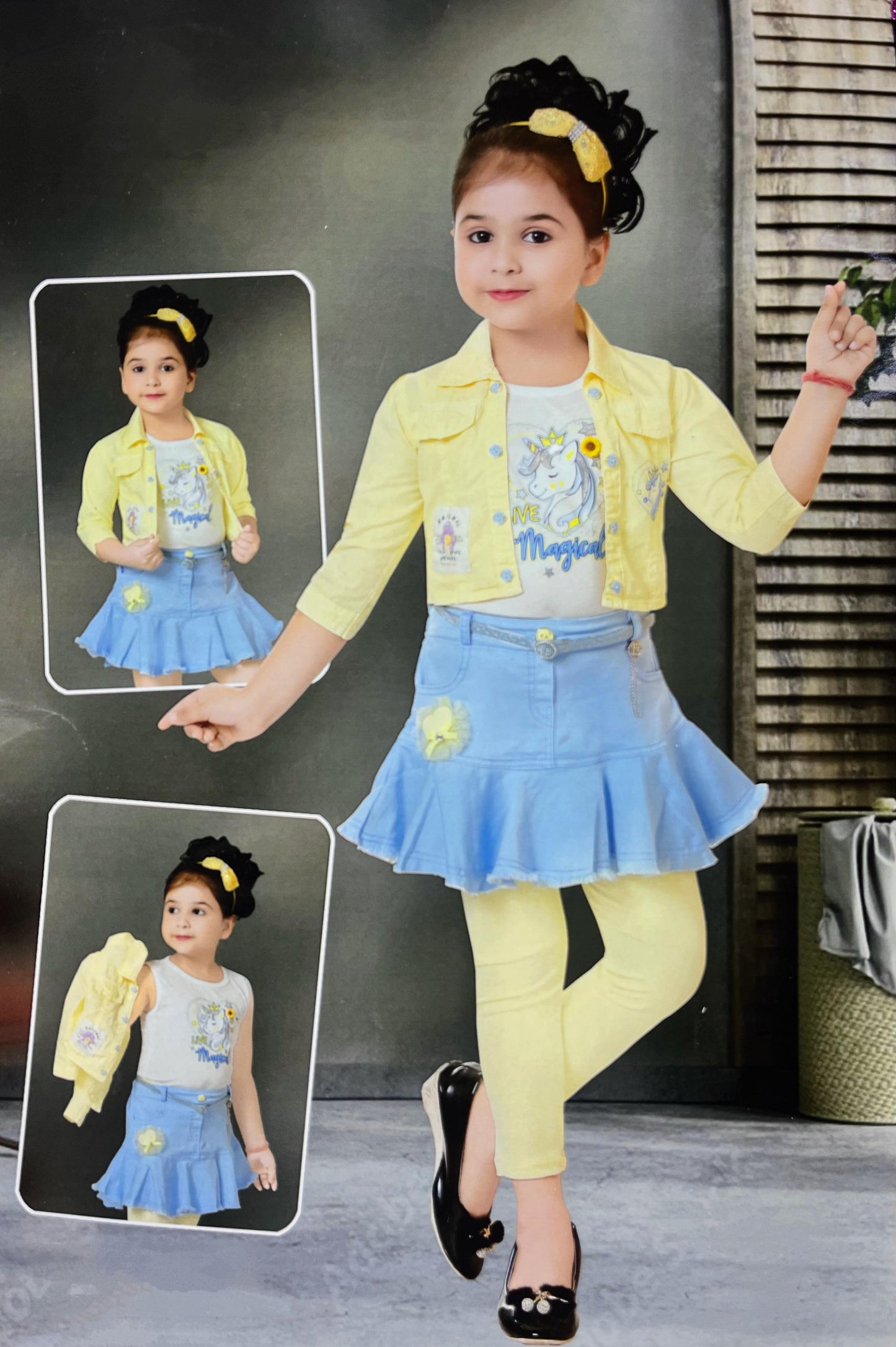 Unicorn Dreams Denim Skirt Set – Girls' 3-Piece Magical Outfit