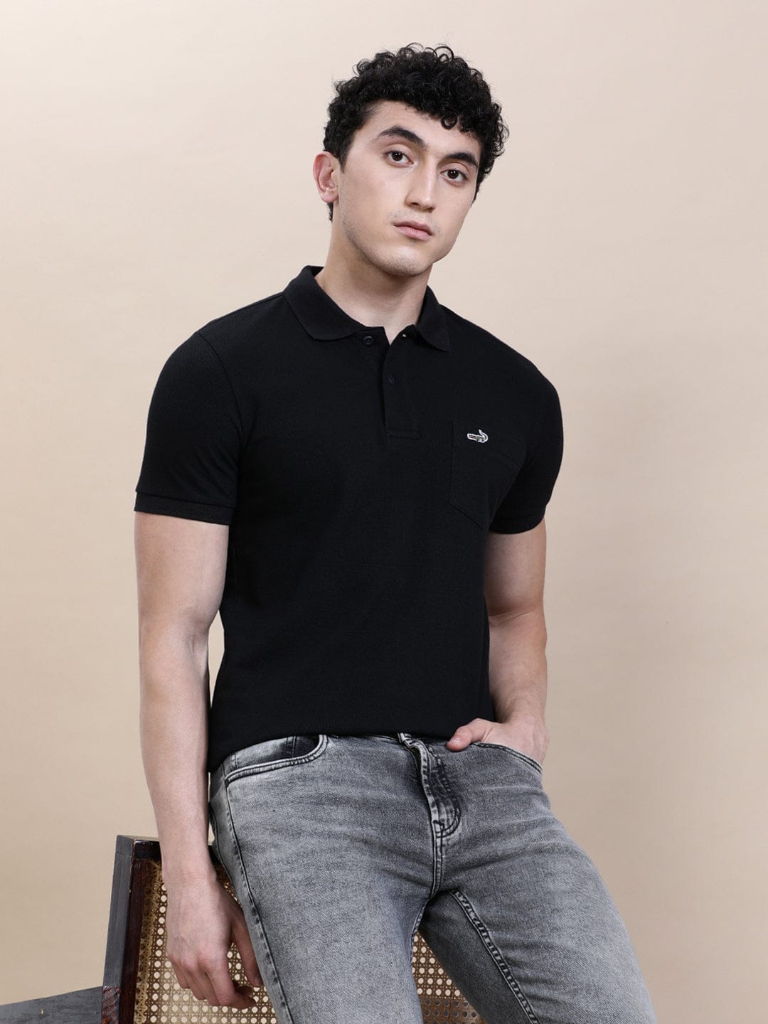 Crocodile Casual Solid Black Polo T-Shirt with Pocket